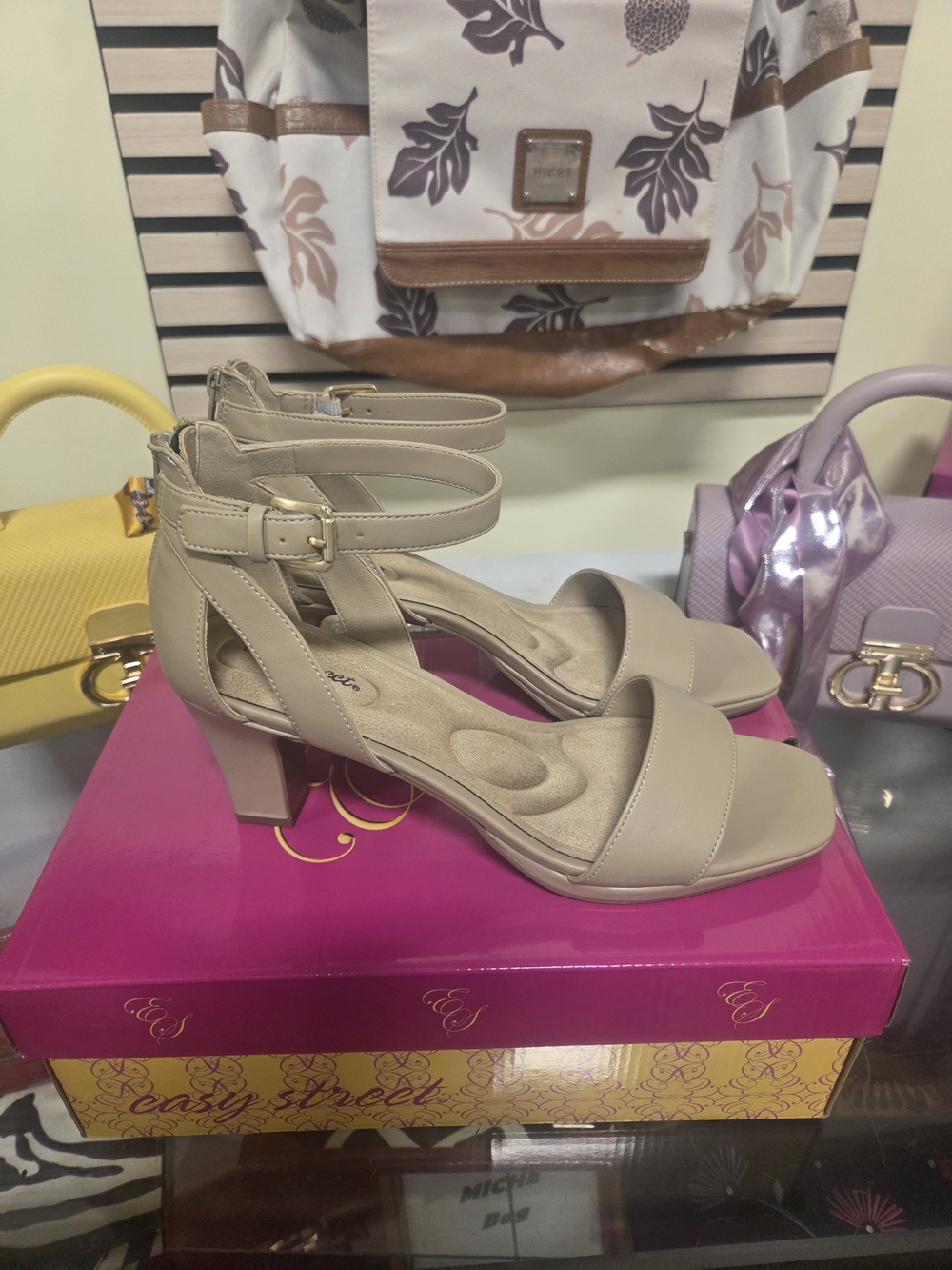 Womens Beige Nude Tan Open Toe Ankle Strap Buckle Short Block Heels